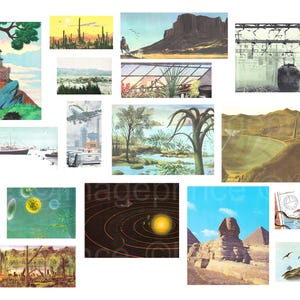 May include: A collection of vintage illustrations featuring diverse landscapes and scenes. Includes a lighthouse, desert cacti, a cowboy on horseback, a mountain range, a greenhouse, and a cityscape.