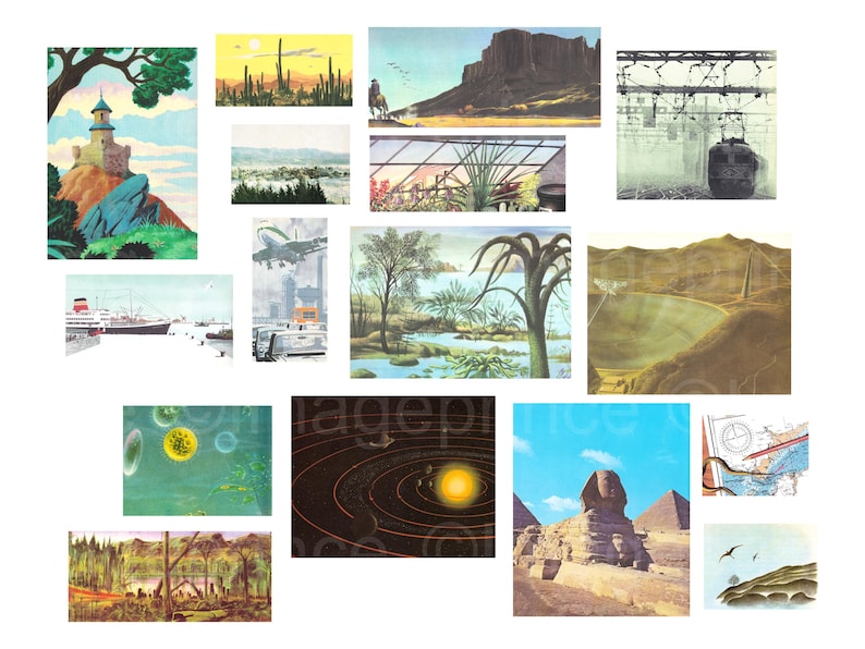 May include: A collection of vintage illustrations featuring diverse landscapes and scenes. Includes a lighthouse, desert cacti, a cowboy on horseback, a mountain range, a greenhouse, and a cityscape.