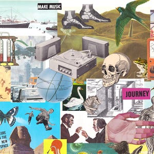 May include: A collage of vintage images featuring a ship, a turntable, a skull, a butterfly, and a globe. The text "MAKE MUSIC" is at the top. Other elements include a frog, a meter, and the word "JOURNEY".