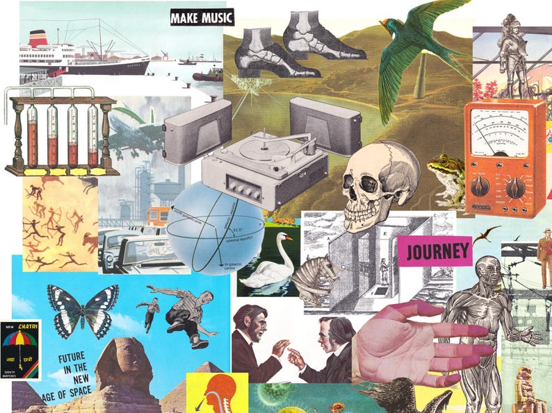May include: A collage of vintage images featuring a ship, a turntable, a skull, a butterfly, and a globe. The text "MAKE MUSIC" is at the top. Other elements include a frog, a meter, and the word "JOURNEY".