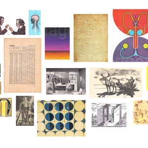 May include: A collage of vintage illustrations and graphics. Includes a page of text, a sunset landscape, a black and white interior scene, and anatomical diagrams. Also features a drawing of a moose pulling a sled.