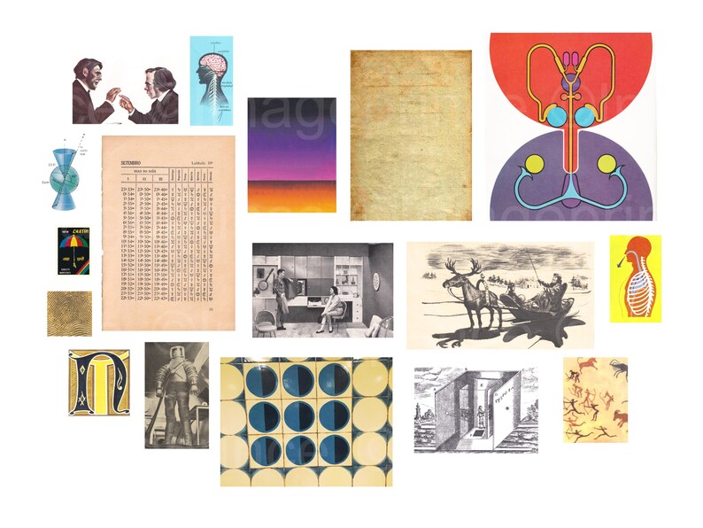 May include: A collage of vintage illustrations and graphics. Includes a page of text, a sunset landscape, a black and white interior scene, and anatomical diagrams. Also features a drawing of a moose pulling a sled.