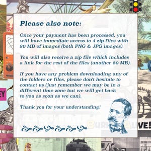 May include: A collage-style image with a central text box containing information about accessing image files after payment. The text box is surrounded by vintage illustrations and a decorative border. The text reads "Please also note:" and details about file access.