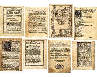 May include: A collection of eight vintage pages with black text and illustrations on a cream background. The pages feature religious text, including a hymn, a prologue, and a biblical passage. The pages are worn and have a distressed look.