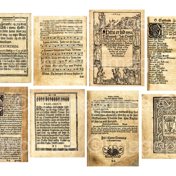 Medieval journal pages, 16th century Icelandic text, Renaissance set of 8 for Renfaire, junk journal, digital collage, scrapbooking