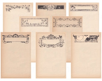 May include: Nine vintage printable journal pages with decorative borders. Each page features a different black and white design with a blank space for writing.