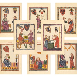 Digitale Mittelalter Seiten mit Jungfrauen, Wappen, gotische Schrift, Minnesinger-Szenen für Serviettentechnik, Junk Journal, Kartengestaltung