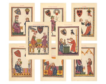 Digital Medieval pages with maidens, coats of arms, Gothic script, Minnesinger scenes for decoupage, junk journal, card-making