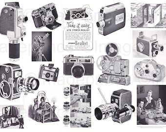 Peut inclure: Un collage de caméras et de projecteurs de cinéma vintage. L'image comprend une variété de styles et de marques, notamment un appareil photo Realist Stereo-Realist, un appareil photo Bolex et un projecteur Bell & Howell. L'image est en noir et blanc et a un aspect vintage.