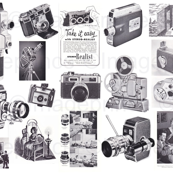 Vintage camera pack with Super 8, Polaroid, Single reflex - Instant Download for Digital Scrapbooking, Collage, Junk Journal