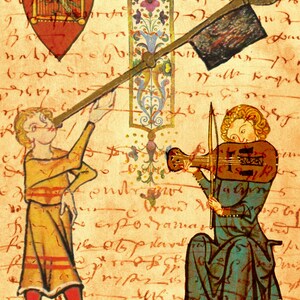 Op de afbeelding: Middeleeuwse illustratie van twee figuren die muziek maken. E&eacute;n figuur blaast in een lange hoorn, de ander speelt viool. De achtergrond toont schrift en een decoratieve banner.