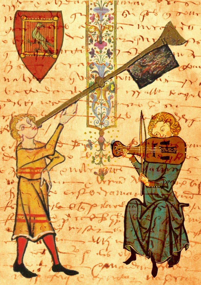 Op de afbeelding: Middeleeuwse illustratie van twee figuren die muziek maken. E&eacute;n figuur blaast in een lange hoorn, de ander speelt viool. De achtergrond toont schrift en een decoratieve banner.