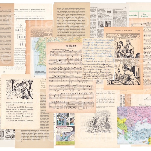 Digital journal kit - vintage paper ephemera pack of old book pages, music paper, maps - instant download for Backgrounds, Collage, etc