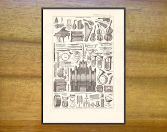 May include: A vintage print featuring a detailed illustration of various musical instruments. The black and white artwork includes pianos, harps, violins, trumpets, and percussion instruments, all neatly arranged on a cream-colored background.