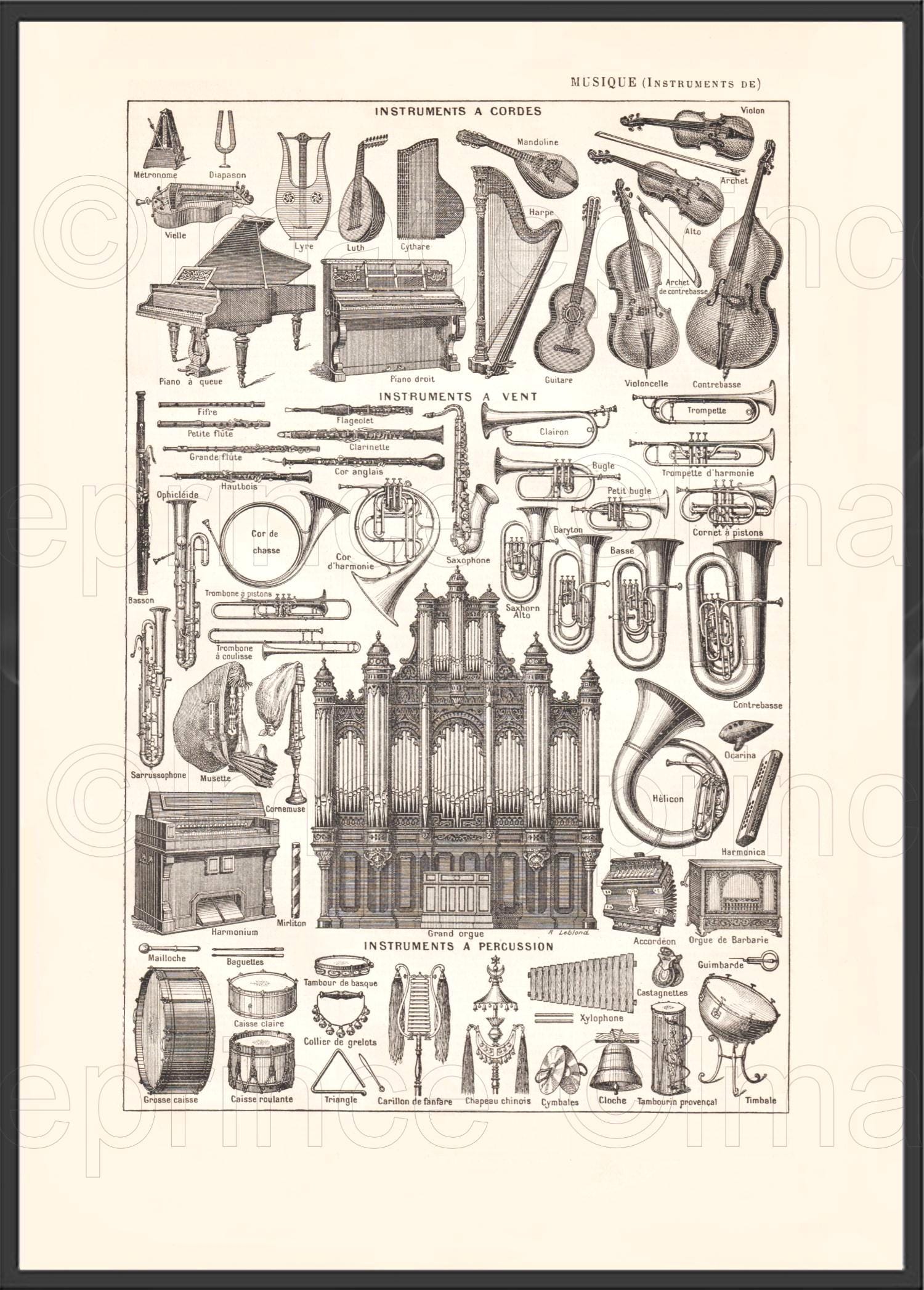 French Music Instruments Print: Antique Dictionary Art (digital