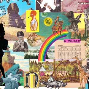 May include: A collage of various images, including a rainbow, a pyramid, a giraffe, and a whale. The collage features a mix of illustrations and photographs, with a vintage aesthetic. The text "FUTURE IN THE NEW AGE OF SPACE" is visible.