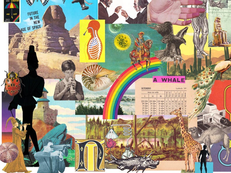 May include: A collage of various images, including a rainbow, a pyramid, a giraffe, and a whale. The collage features a mix of illustrations and photographs, with a vintage aesthetic. The text "FUTURE IN THE NEW AGE OF SPACE" is visible.