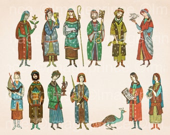 May include: A colorful illustration of 12 figures in medieval clothing, each holding a different object. The figures are standing on a light beige background. The objects include a flower, a chalice, a lamb, a key, a staff, a dove, a book, a sword, a candle, a peacock, and a bag of coins.