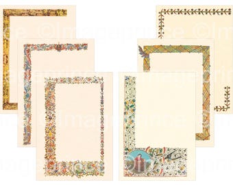May include: A collection of six rectangular stationery sheets featuring diverse decorative borders. The designs include intricate floral patterns, geometric lattice work, and a small circular illustration of a figure, all printed on cream-colored paper.