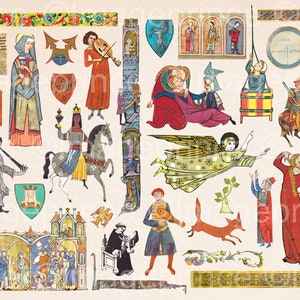 Clipart medievale - fanciulle, cavalieri, bordi, un angelo, musicisti, ecc.; 33 file PNG, download immediato, uso commerciale consentito