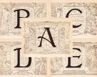 Antique Letters, Sepia Illustrated Alphabet, Illuminated ABC