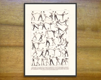 May include: A vintage black and white illustration of 32 different boxing poses. The illustration is from a book titled "Boxe" and is numbered 1-32.