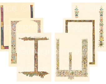 May include: A collection of antique-style art prints featuring ornate borders and illuminated letters. The prints showcase intricate floral and geometric designs in a palette of red, blue, green, and gold on a cream background.