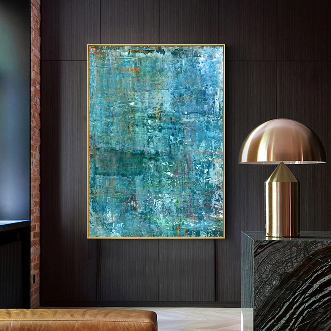 Blue Green Abstract Art, Mint wall decor, Large canvas print, Office ...