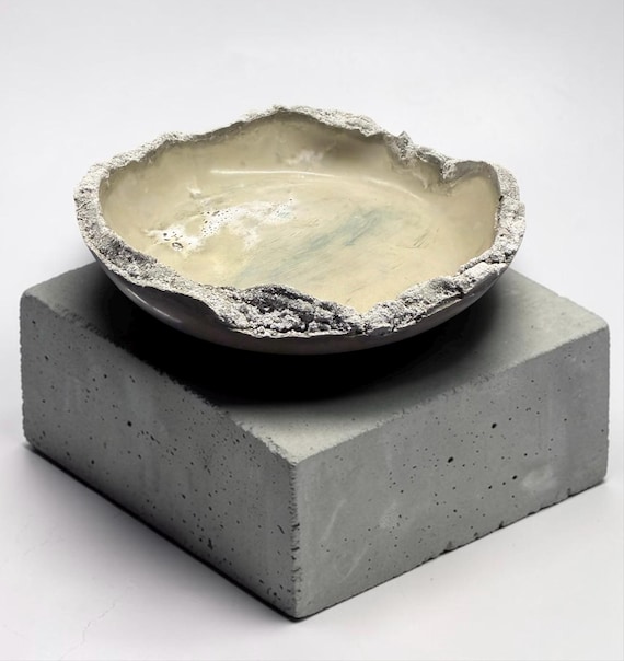 8 " Hand-Cast Concrete Bowl or Tray | Multi-Colored | Greens and Grays | 8" x 1.75"