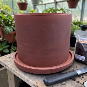 May include: A large, cylindrical terracotta-colored plant pot with a matching saucer. The pot sits on a weathered wooden surface, with a gardening knife and a bag of soil nearby. The background shows a greenhouse setting with hanging plants.