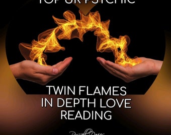 May include: Two hands reaching towards each other with a fiery orange and yellow flame arching between them. The text "TOP UK PSYCHIC" is at the top of the image. The text "TWIN FLAMES IN DEPTH LOVE READING" is in the center of the image. The text "Russell Davies" is at the bottom of the image.
