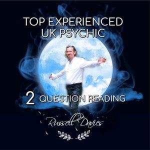 May include: A man stands in front of a large blue moon with clouds. The text "TOP EXPERIENCED UK PSYCHIC 2 QUESTION READING Russell Davies" is on the image.