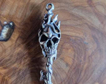Sterling Silver .925 3D Skull Skeleton Head Key Flames Pendant Goth Punk 9 grams