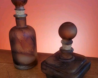 Vtg Vidrio Natural Brown Round Glass Spanish Perfume Bottles Empty With Stopper