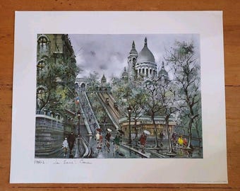 Vintage Maurice Legendre Sacred Heart Paris Market Scene Lithograph 1974 France