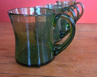 4 Vtg Eric Hoglund Kosta Boda Green Seeded Hand Blown Glass Mugs Cups MCM H9