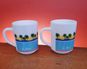 Vtg Arcopal France Milk Glass Tia Maria Coffee Mug Cup Palm Tree Beach Ocean EUC