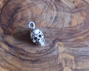 May include: A small, silver-colored skull charm with a loop at the top for hanging. The skull has detailed features, including eye sockets, a nose cavity, and teeth. The charm is displayed against a wooden background.