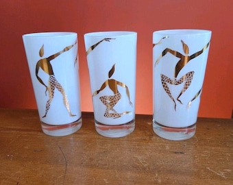 Fred Press 3 Opaque 22K Gold Highball Glasses MCM Tumblers Harliquin Dancers