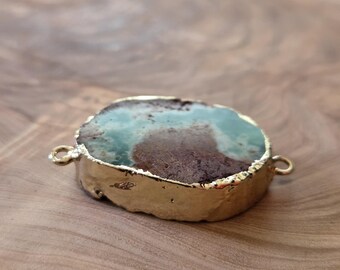 38mm x 20mm Natural Polished Raw Agate Quartz Teal Green Brown Gold Foil Wrapped Large Handmade Necklace Pendant Connector Hoop Hole 1.5mm