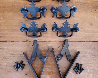 Set of 6 Vintage Drawer Pulls  Handles Screws & Hinges For Writing Desk Hardware