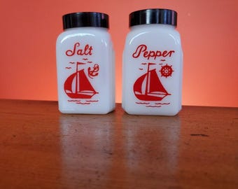 McKee Glass De Luxe White Milk Glass Salt & Pepper Shaker Set Sail Boats USA
