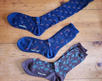 Vintage Ralph Lauren Men Dress Socks 3 Pairs Birds Equestrian Floral Blue Brown