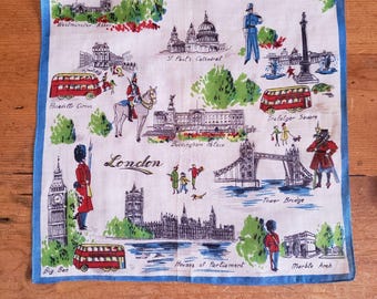 Vintage Novelty Landmarks Souvenir LONDON Square Handkerchief Colorful 12x12