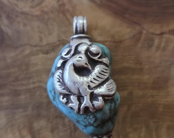 48mm x 25mm Tibetan Natural Raw Polished Turquoise Nugget Silver and Brass Large Necklace Pendant Bird Fish