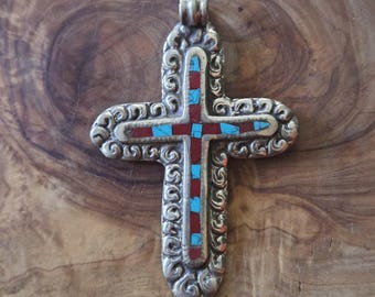 72mm x 49mm Tibetan Coral Brass Silver Large Cross Pendant Himalayan Blue Poppy Flower Floral