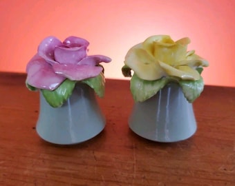 Staffordshire England Vintage Bone China Floral Salt Pepper Shakers Pink Yellow