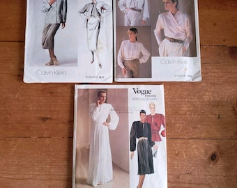 Patrones de costura de diseñador estadounidense de Vogue vintage Calvin Klein para vestido, top, falda y chaqueta