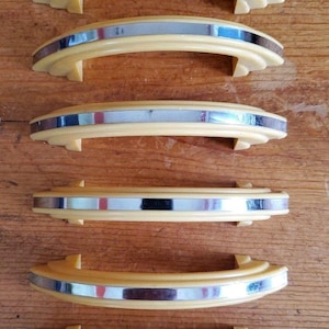 Vintage 1960&#39;s Art Deco Drawer Handles Chrome & Yellow Plastic Cabinet Pulls