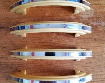 Vintage 1960's Art Deco Drawer Handles Chrome & Yellow Plastic Cabinet Pulls